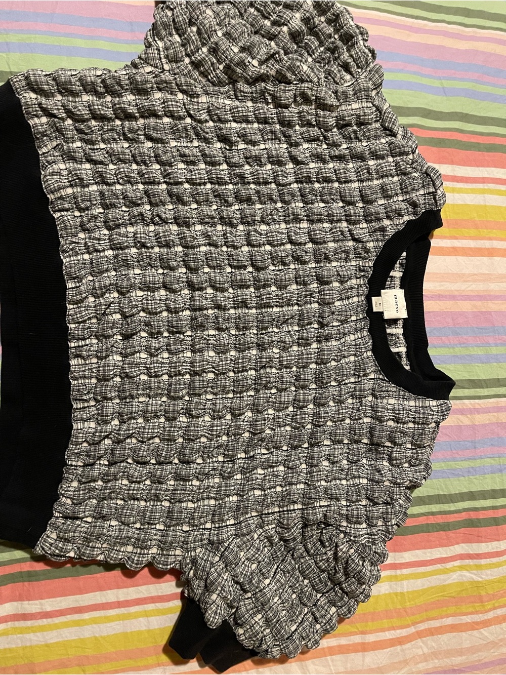 Maeve Black and White Textured Puff-Sleeve Top